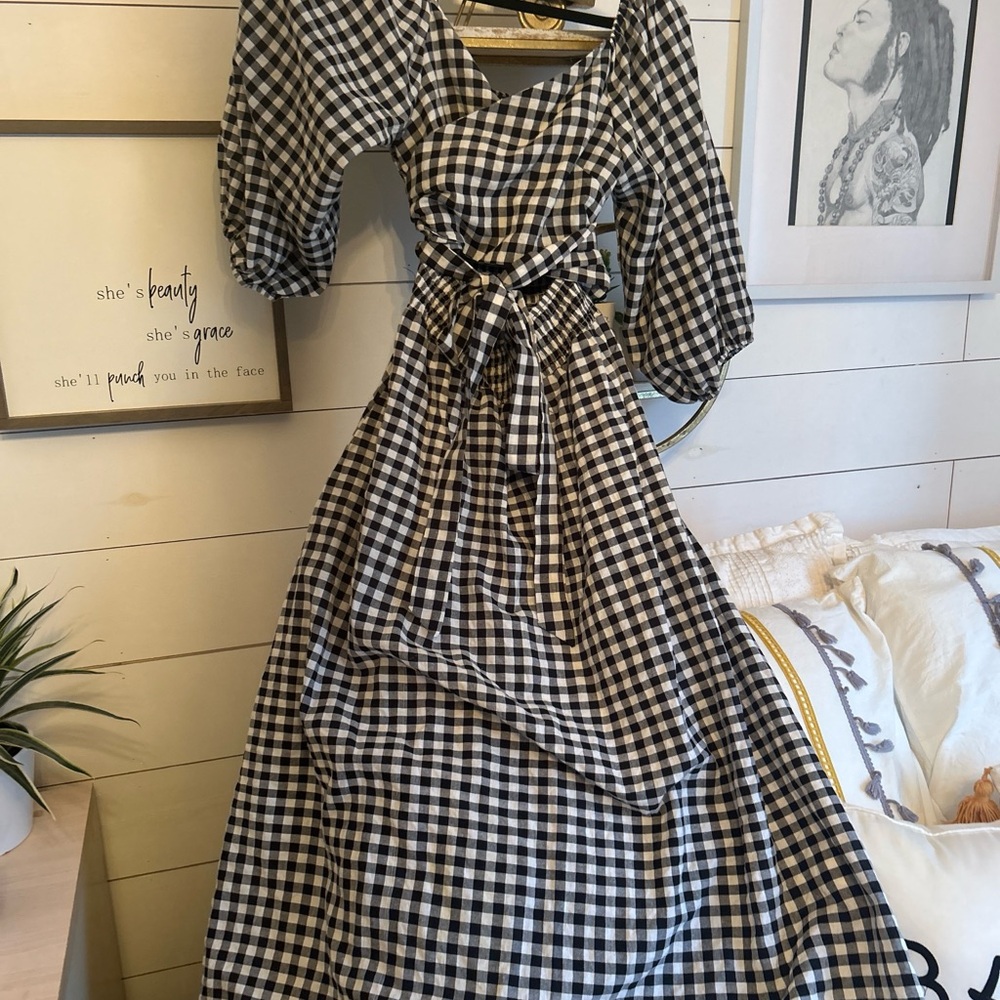 Black and white checkered wrap dress